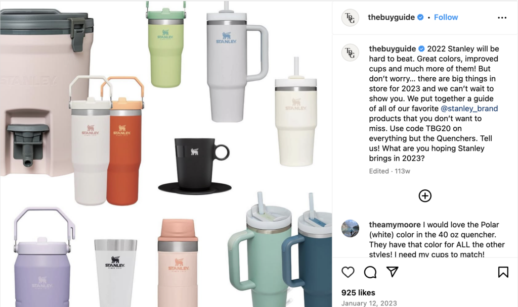 The Buying Guides Instagram post regarding the Stanley Cup phenomenon.